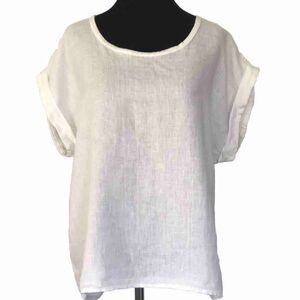 Beach Linen Italy Feminine Back Lace White Boxy Cuffed Sleeve Blouse